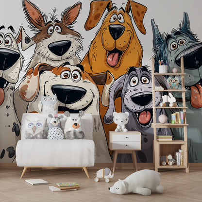 Kids-Mundo playful cartoon dogs wall mural displayed in a colourful kids' playroom
