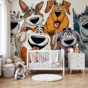 Funny dogs mural wallpaper decorating colorful nursery with playful puppy characters by Kids-Mundo