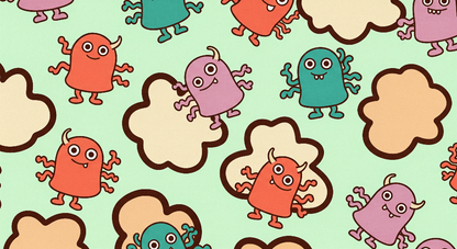 Flat artwork of the Kids-Mundo fuzzy monster wall mural design with clouds on a mint-green background.