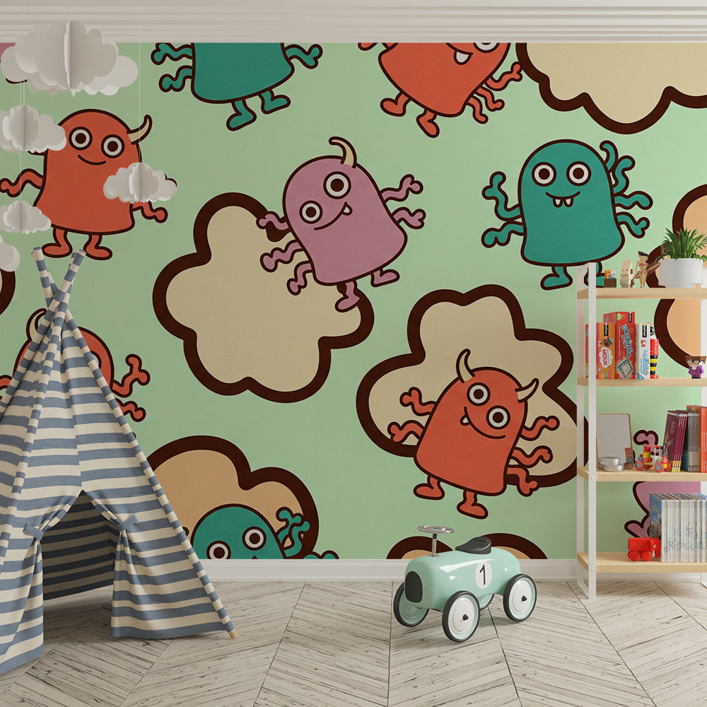 Playroom feature wall with a Kids-Mundo fuzzy monster wall mural and soft fluffy cloud shapes.