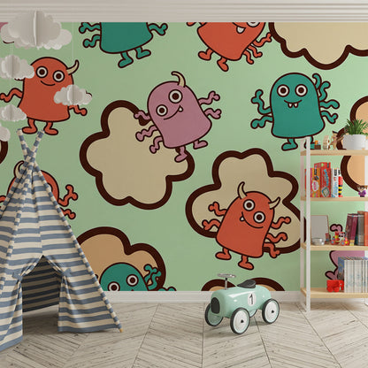 Playroom feature wall with a Kids-Mundo fuzzy monster wall mural and soft fluffy cloud shapes.