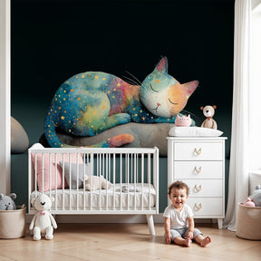 Galaxy cat mural wallpaper in modern nursery with cosmic blue and purple design by Kids-Mundo