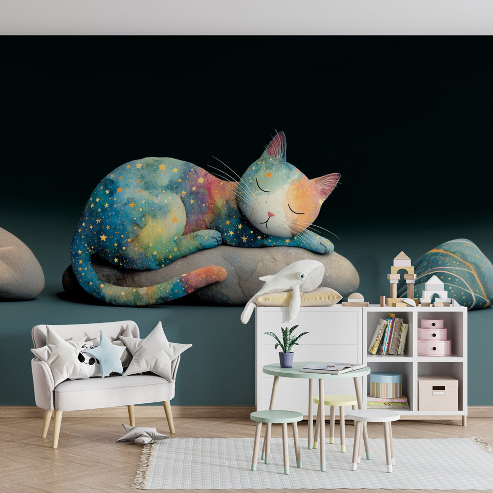Space cat mural wallpaper transforming children's playroom with dreamy galactic colors
