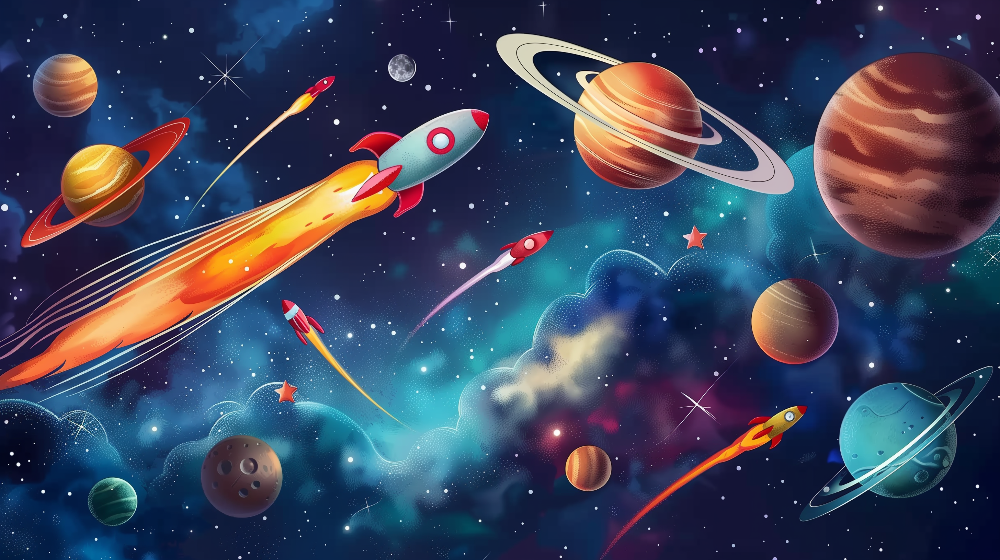 Colourful Galaxy Rockets and Planets Wall Mural