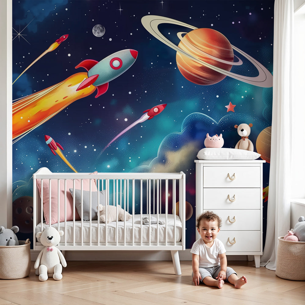 Kids-Mundo space wall mural with rockets and planets behind a cot in a nursery