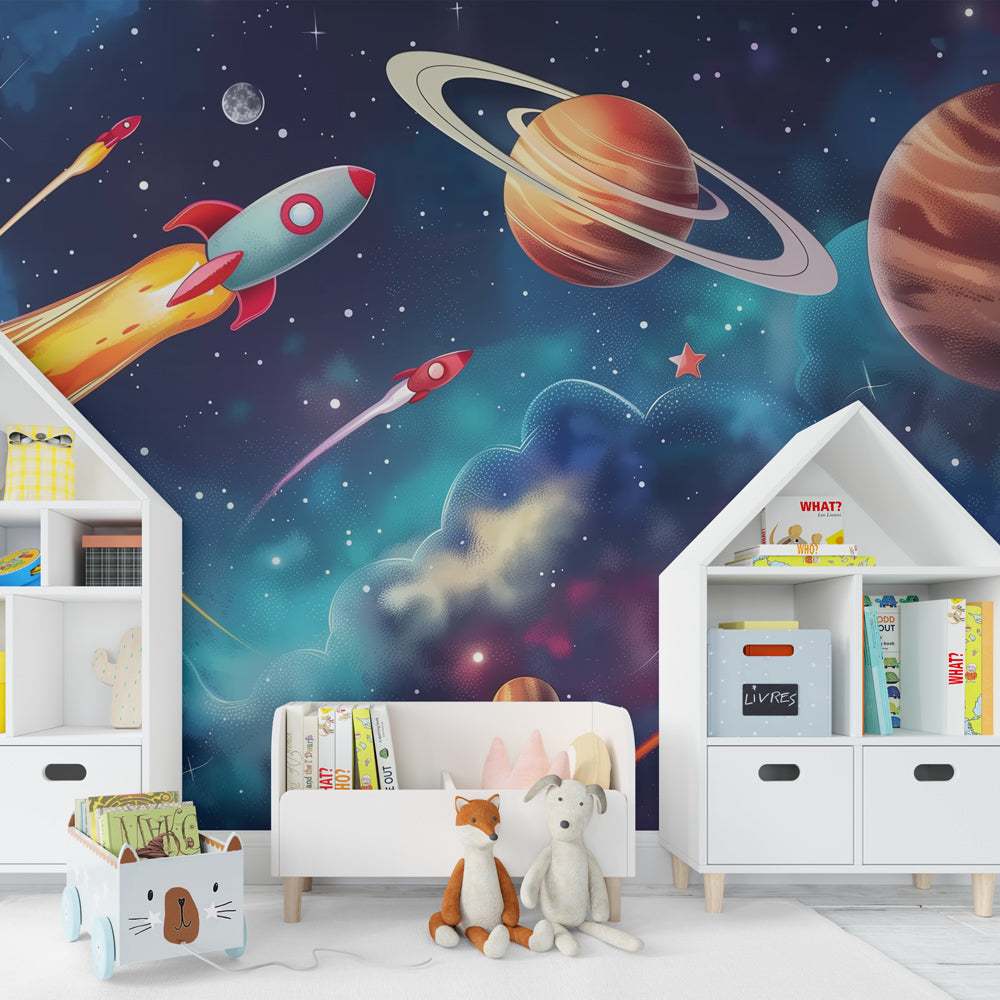 Kids-Mundo space wall mural filling a playroom with rockets, planets and stars