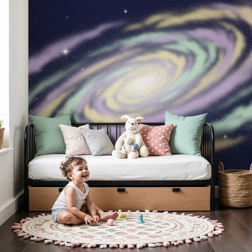 Galaxy space mural wallpaper creating cosmic themed kids bedroom with twinkling stars by Kids-Mundo