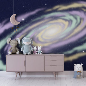Space themed galaxy mural wallpaper inspiring imaginative play in children's room decor