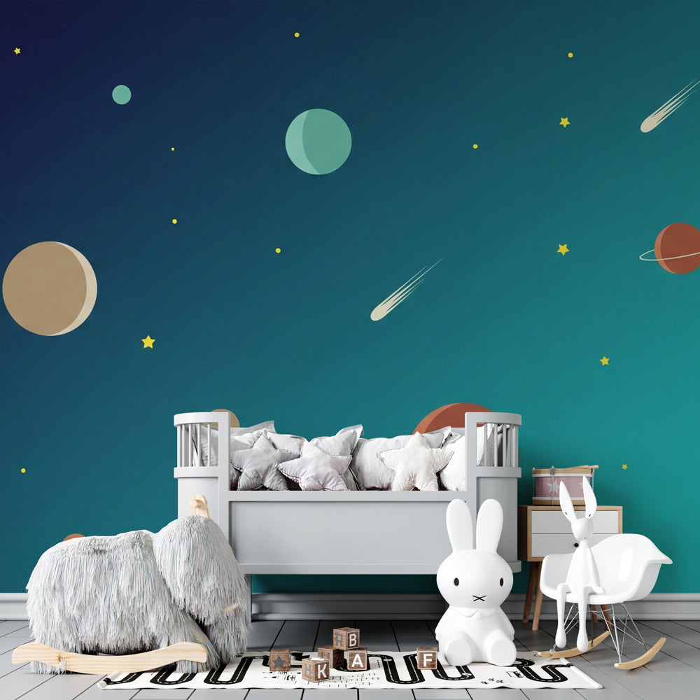 Planetary mural wallpaper transforming playroom into intergalactic adventure space for children