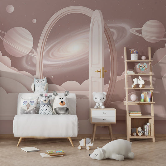 Kids-Mundo galaxy spiral portal mural as a bold feature wall in a kids bedroom