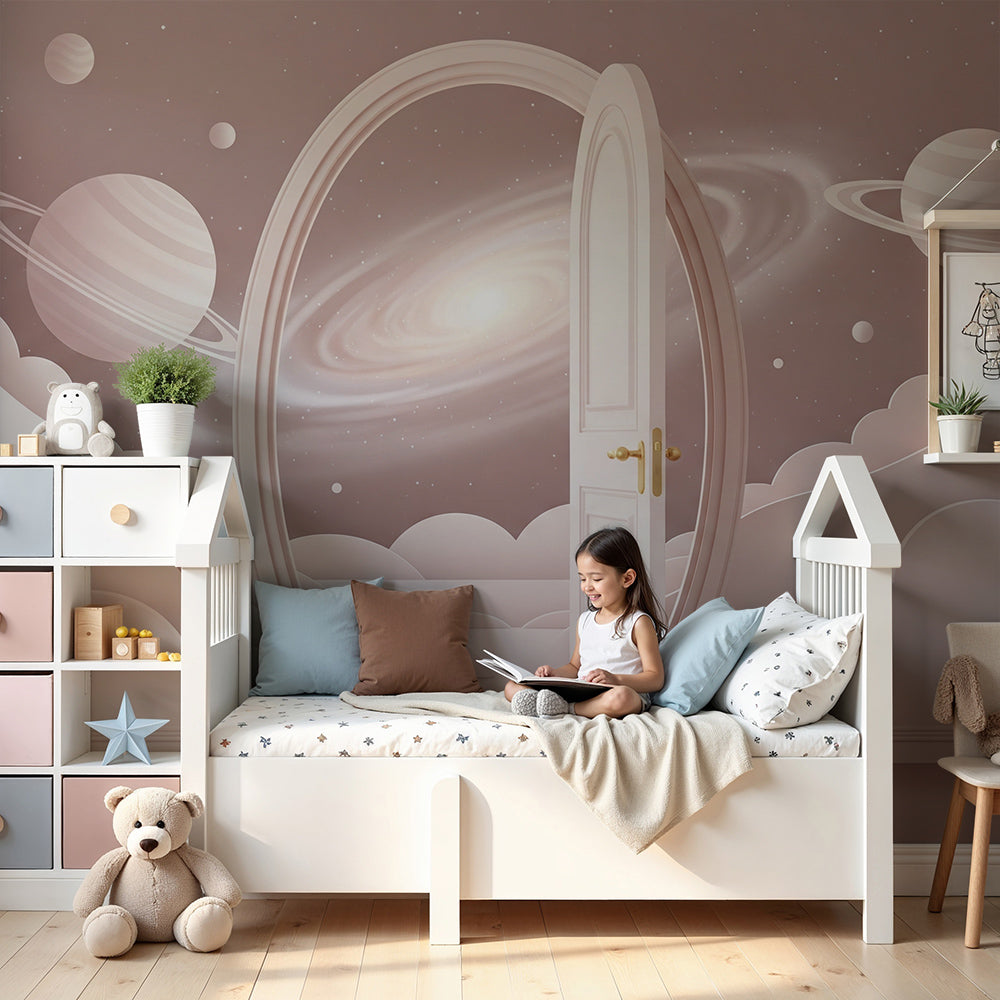 Kids-Mundo pink galaxy portal wall mural styled as a dreamy nursery wallpaper feature