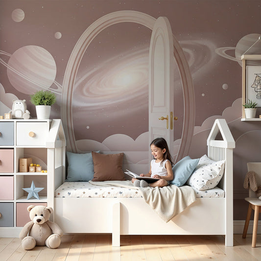 Kids-Mundo pink galaxy portal wall mural styled as a dreamy nursery wallpaper feature