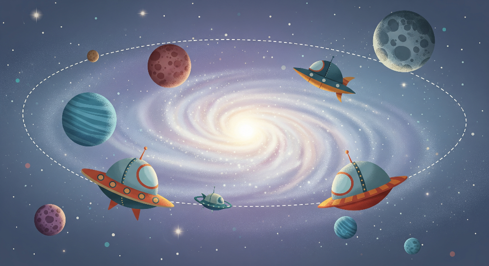 Kids-Mundo flat artwork for the spiral galaxy wall mural, showing spaceships, planets and a glowing centre