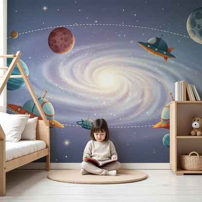 Kids-Mundo galaxy wall mural in a nursery, showing a glowing spiral galaxy with orbiting spaceships and planets