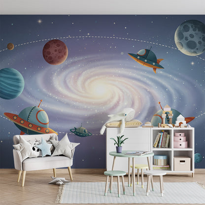 Kids-Mundo galaxy wall mural in a playroom, featuring cartoon spaceships orbiting colourful planets