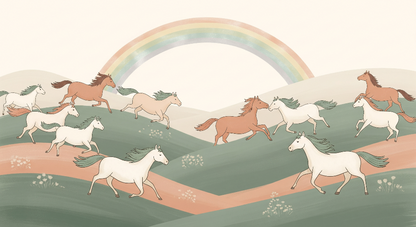 Kids-Mundo flat artwork of galloping horses crossing green hills beneath a bright rainbow.