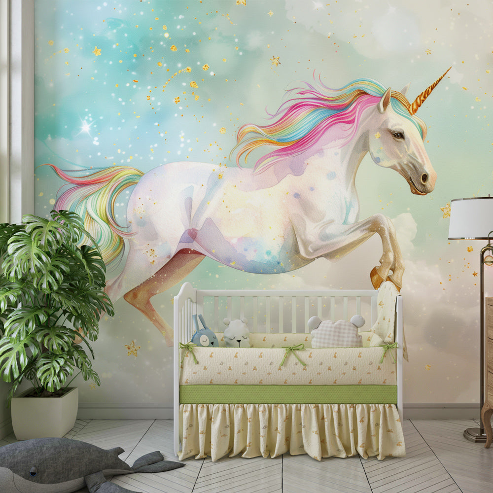 Kids-Mundo leaping unicorn mural styled above a bed in a bright kids bedroom