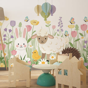 Sweet meadow animals wallpaper creating peaceful atmosphere in children's bedroom