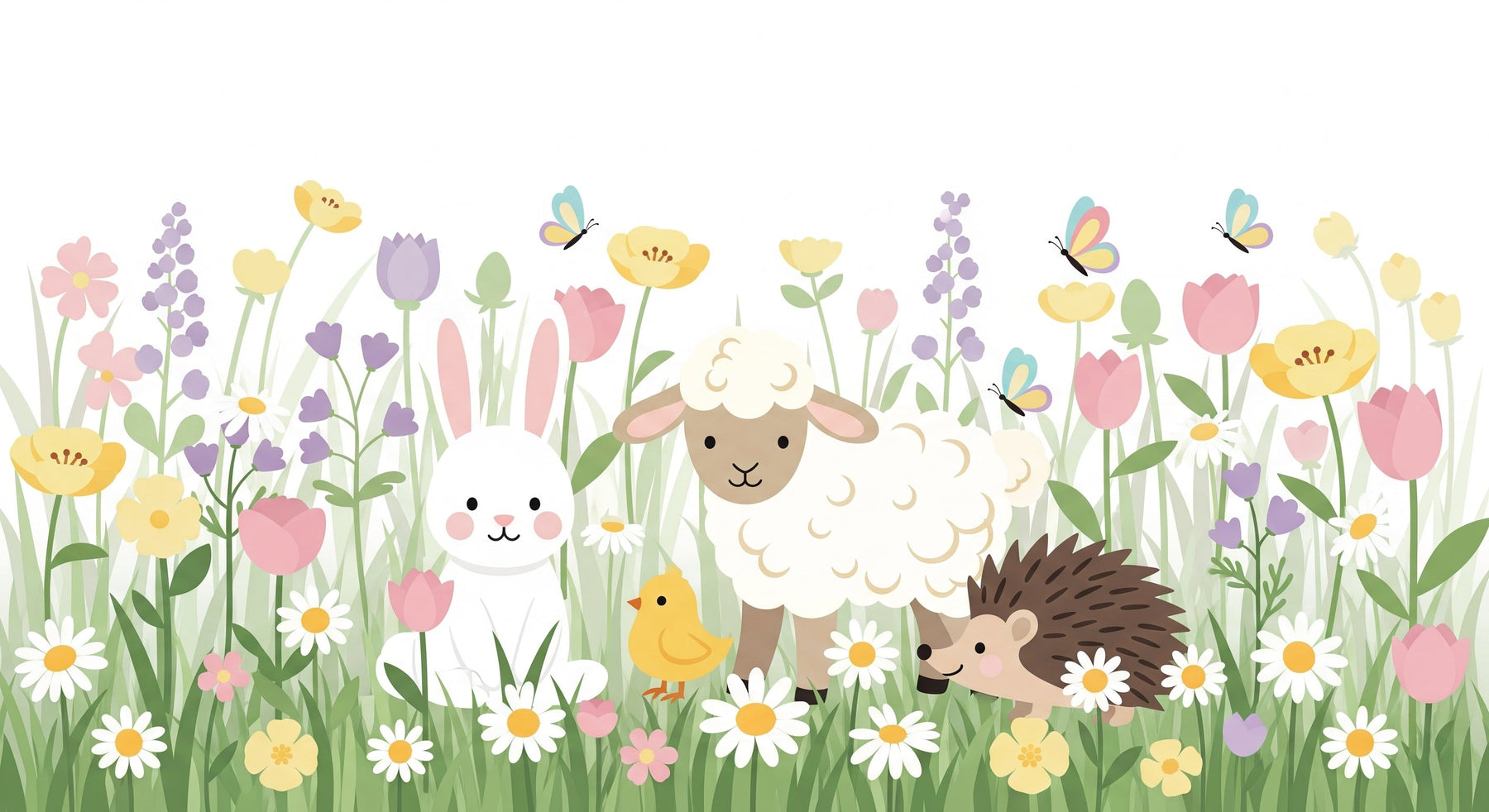 Detailed garden animals mural wallpaper design pattern with rabbit sheep hedgehog by Kids-Mundo
