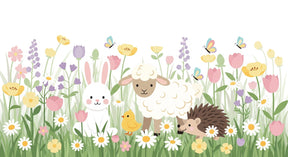 Detailed garden animals mural wallpaper design pattern with rabbit sheep hedgehog by Kids-Mundo