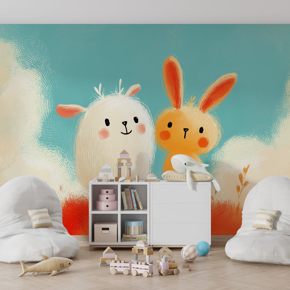 Adorable animal friendship wallpaper creating warm atmosphere in children's bedroom