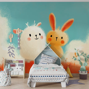 Sweet bunny and sheep mural wallpaper transforming kids playroom into magical garden space