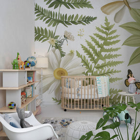 Garden themed mural wallpaper featuring white daisies and butterflies in kids bedroom setting