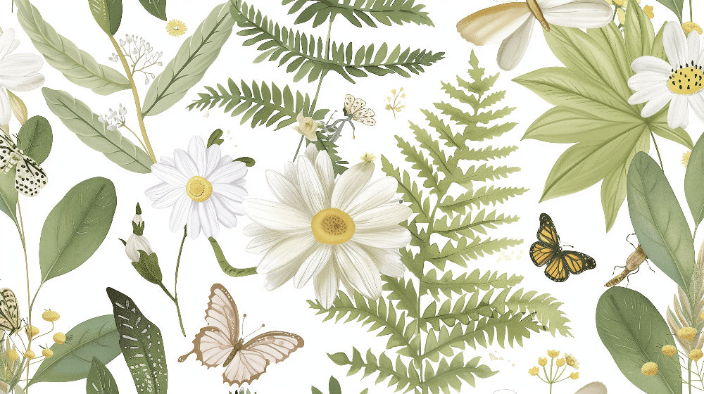Detailed enchanted garden mural wallpaper design pattern with flowers and butterflies by Kids-Mundo