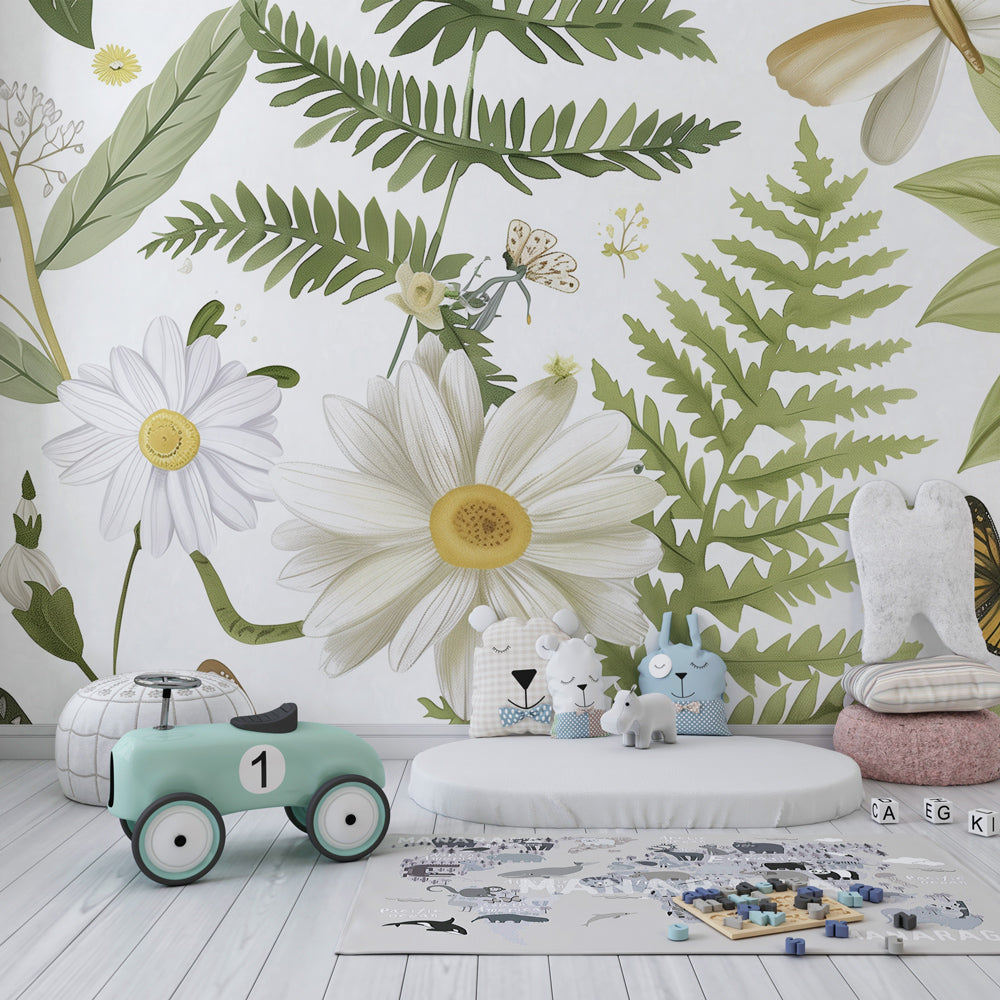 Botanical mural wallpaper with fern leaves and dragonflies for children's nature themed room