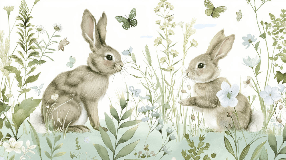 Detailed garden rabbit and butterfly mural wallpaper design pattern showing woodland creatures by Kids-Mundo
