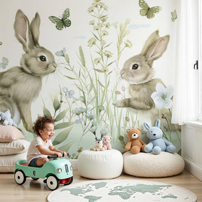 Garden rabbit mural wallpaper creating enchanted forest atmosphere in children's nursery by Kids-Mundo