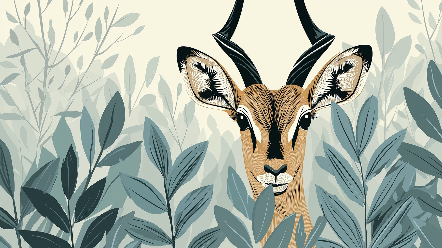 Detailed gazelle forest mural wallpaper design pattern with foliage by Kids-Mundo