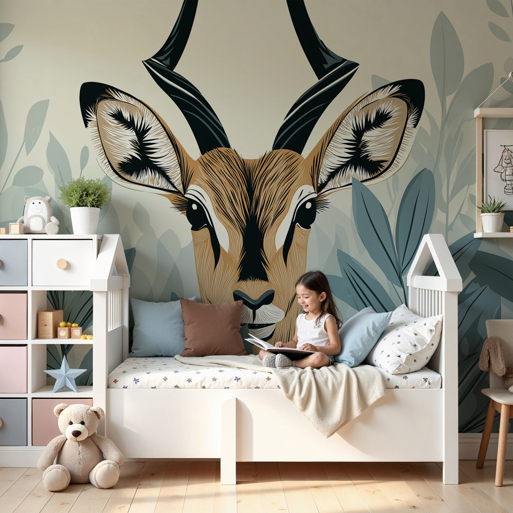 Gazelle mural wallpaper in modern nursery with natural wood furniture by Kids-Mundo