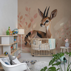 Animal theme mural wallpaper with gazelle and foliage for kids room by Kids-Mundo