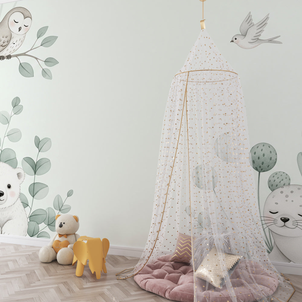 Nature-themed animal wallpaper creating serene atmosphere in children's bedroom with wooden furniture