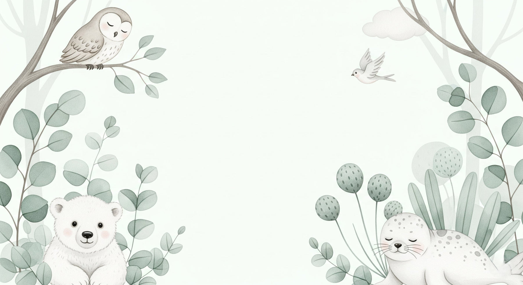Detailed gentle animals mural wallpaper design pattern showing polar bear, seal and owl by Kids-Mundo
