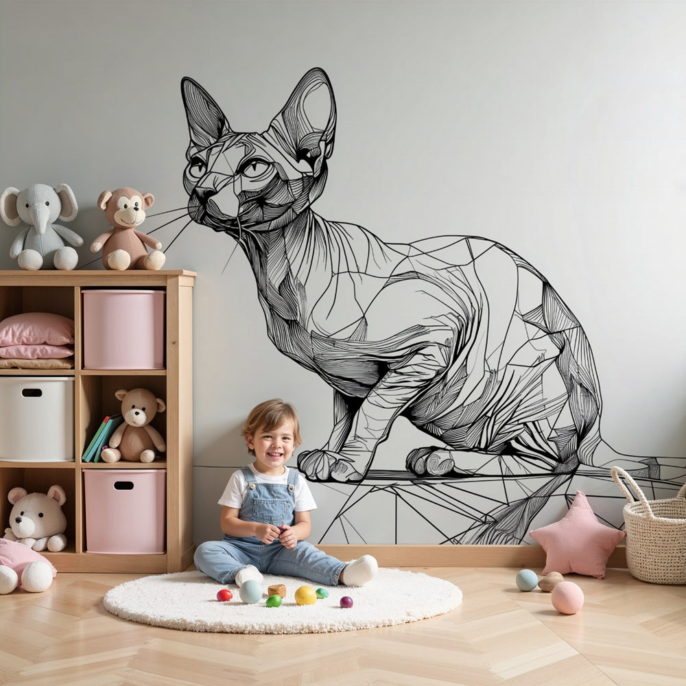 Geometric cat mural wallpaper creating modern focal point in stylish nursery by Kids-Mundo