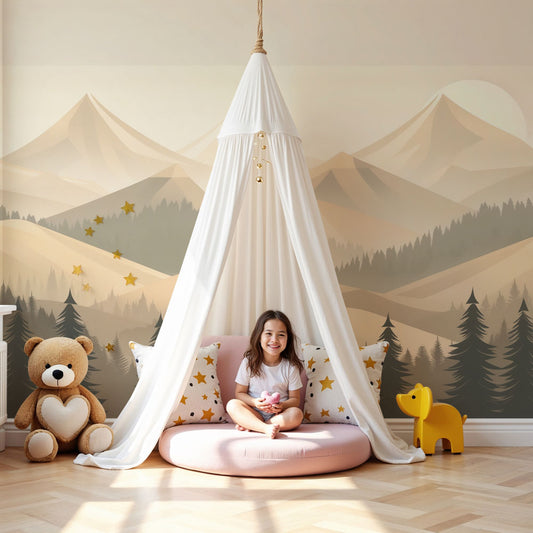 Kids-Mundo geometric misty mountain wall mural styled in a calm neutral nursery with a cot