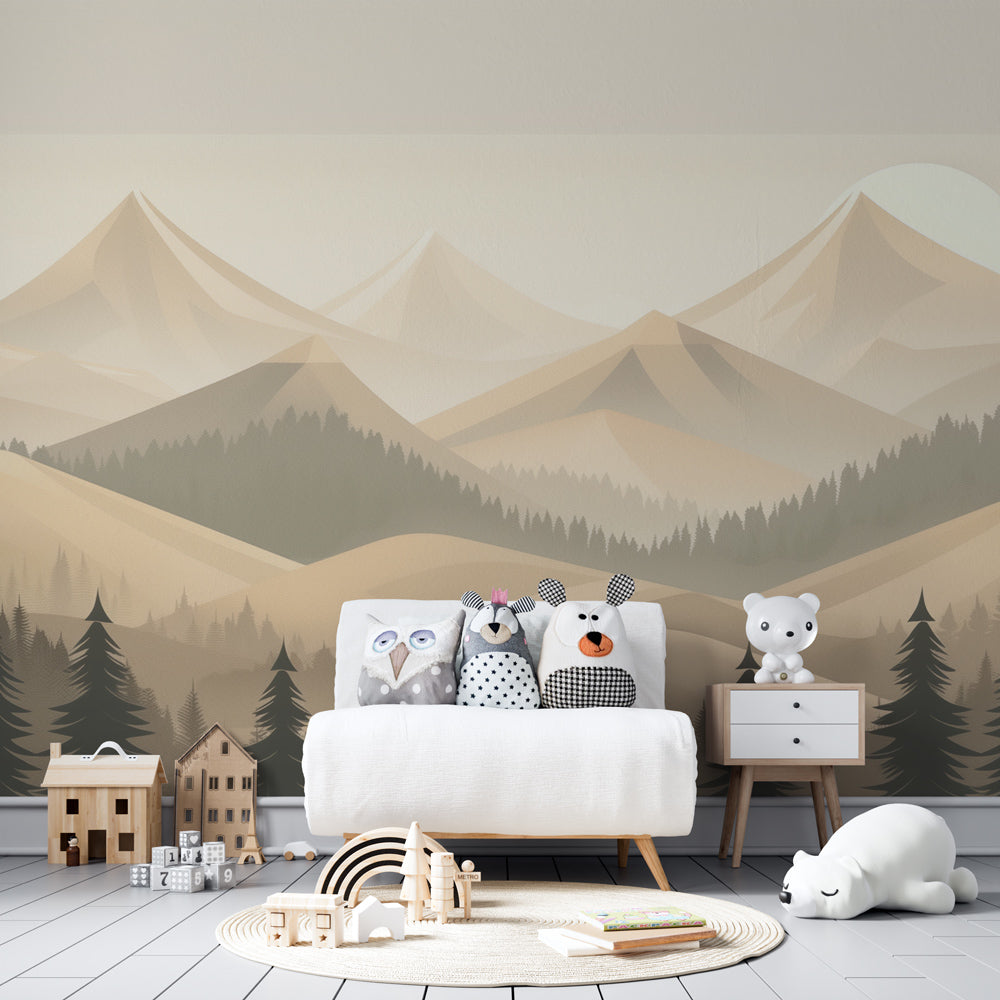 Kids-Mundo layered mountain wall mural adding a calm backdrop to a bright playroom