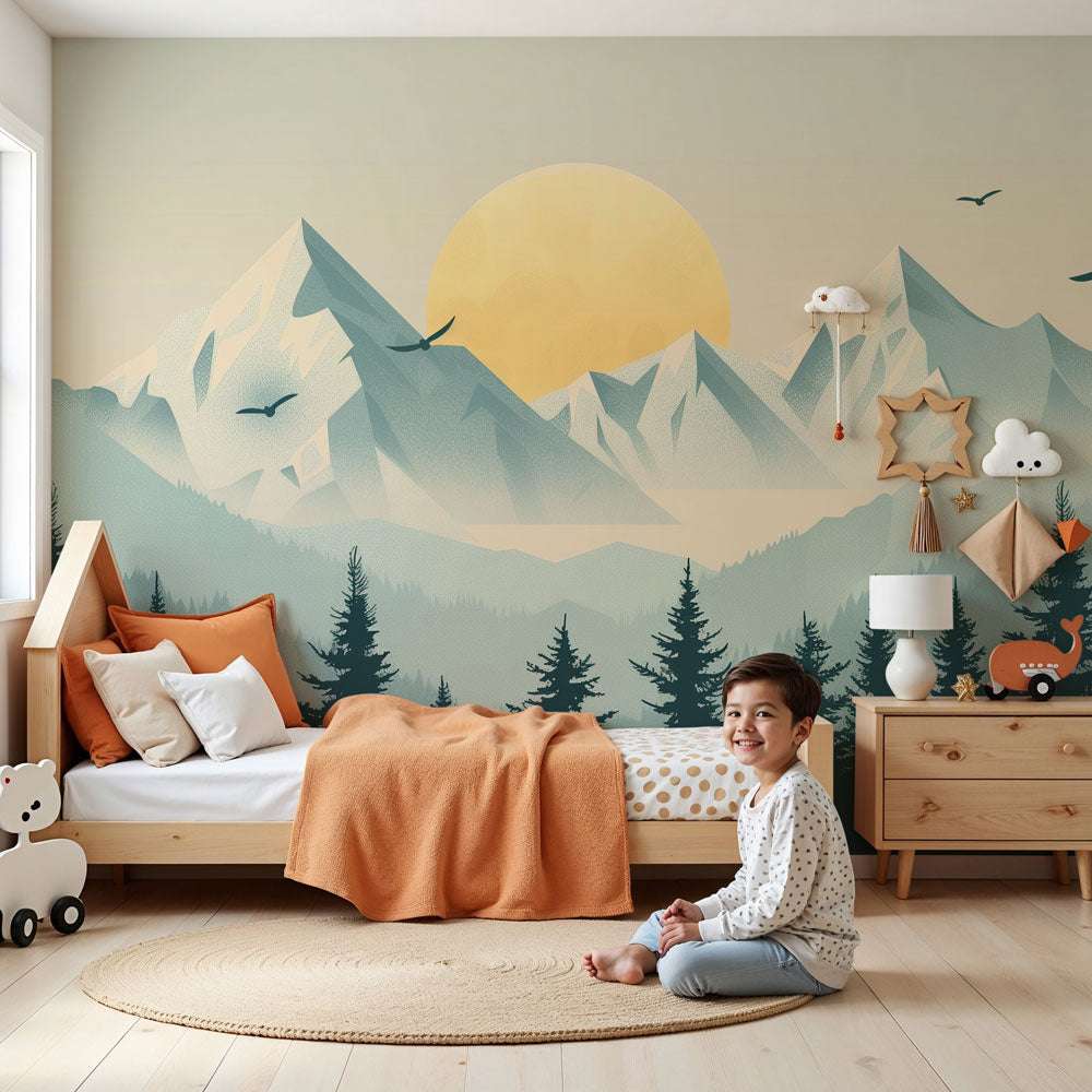 Kids-Mundo geometric mountain and golden sun wall mural styled in a calm baby nursery