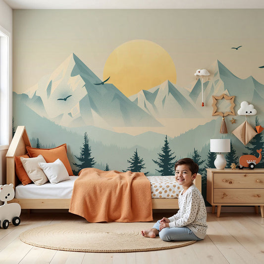 Kids-Mundo geometric mountain and golden sun wall mural styled in a calm baby nursery