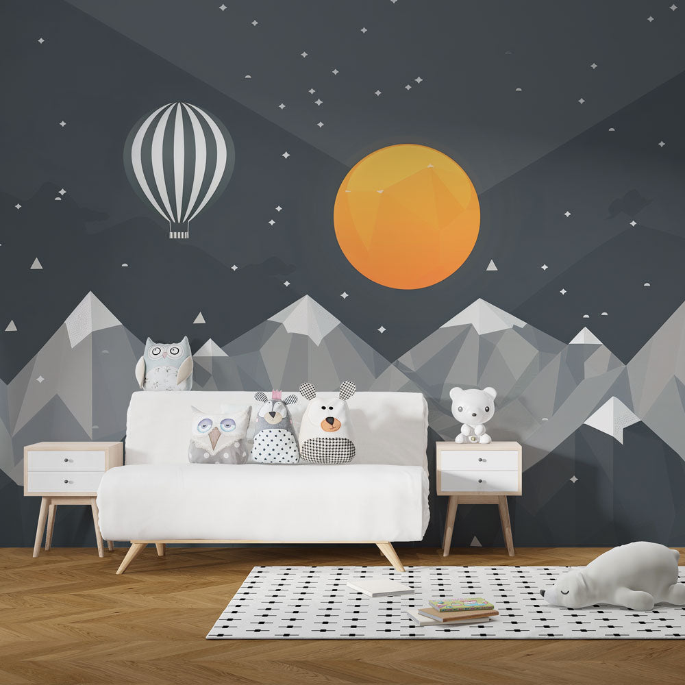 Starry night geometric mountain wallpaper creating peaceful adventure atmosphere in kids bedroom