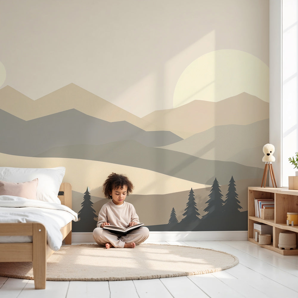 Geometric mountain mural wallpaper with pastel sun in modern nursery by Kids-Mundo