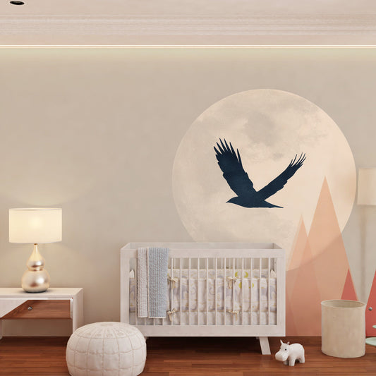 Kids-Mundo bird and moon geometric mural styled on a bold kids bedroom wall