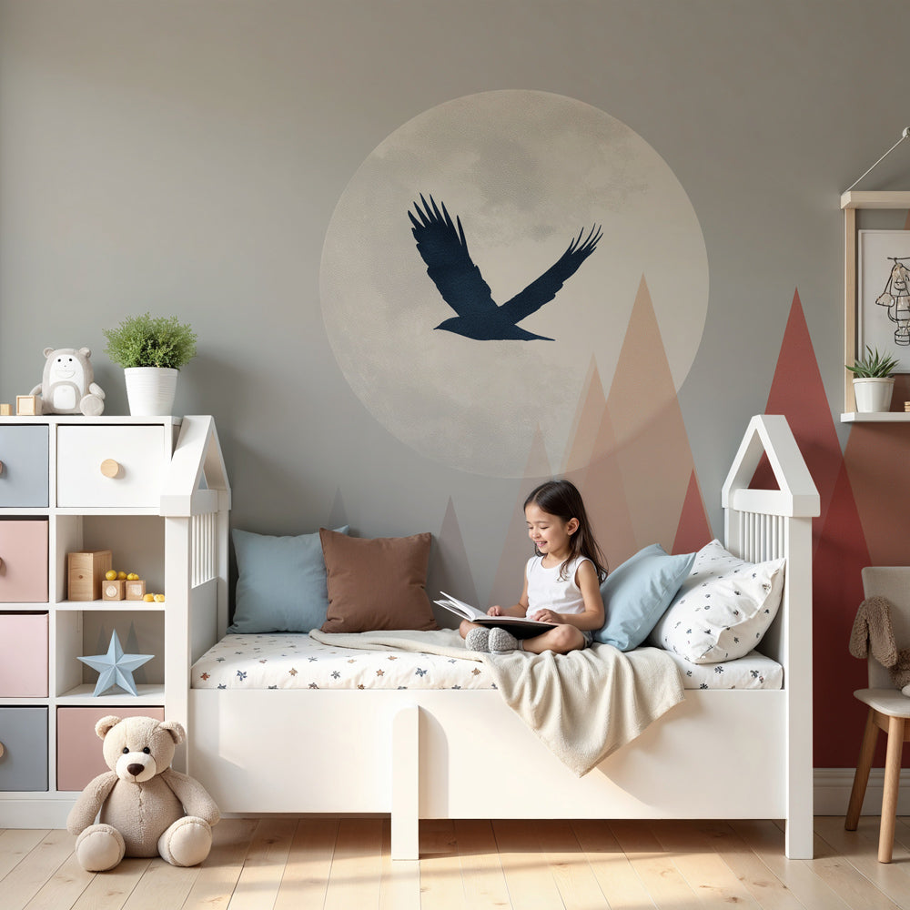 Kids-Mundo geometric mountain wall mural in a modern nursery with a bird and moon design