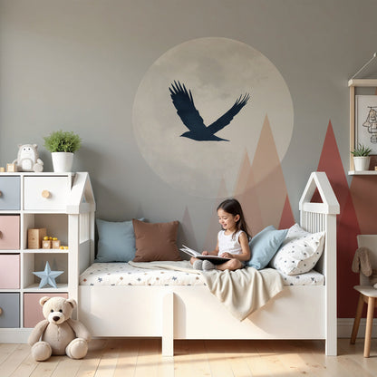 Kids-Mundo geometric mountain wall mural in a modern nursery with a bird and moon design
