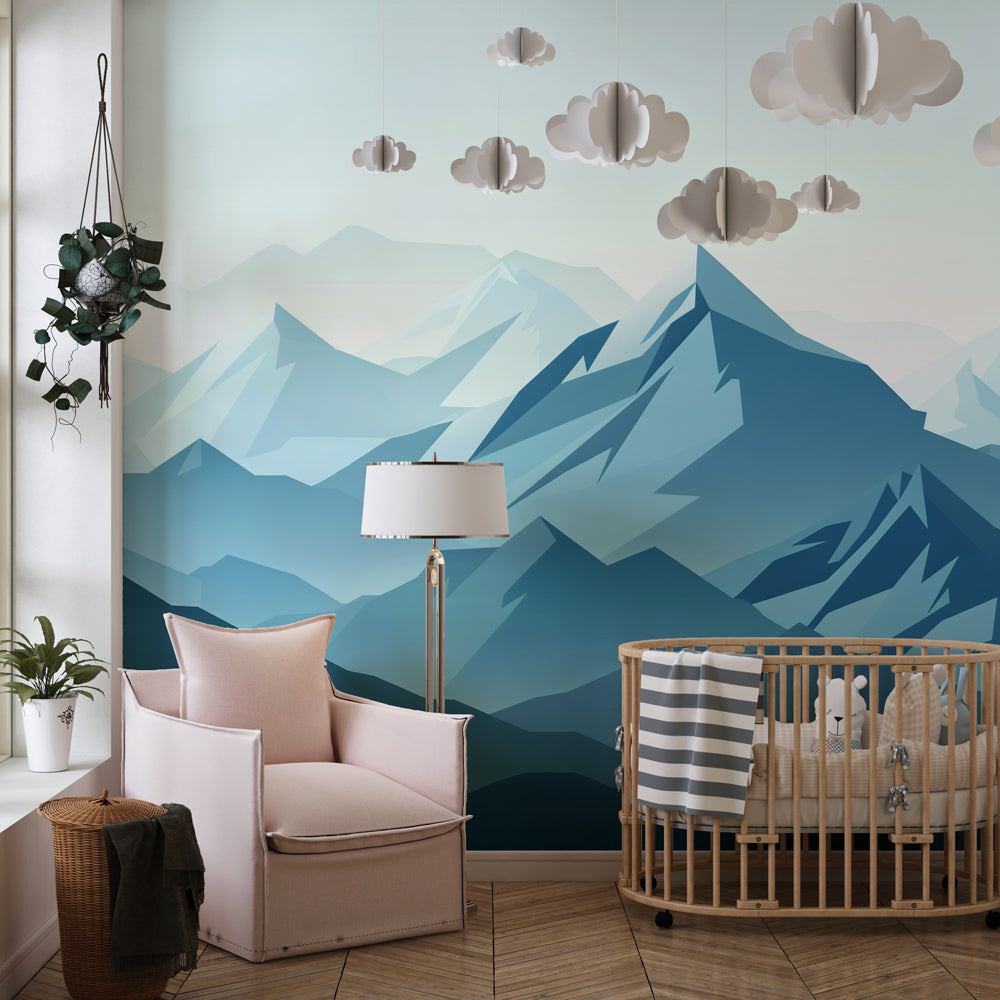 Blue gradient mountain wallpaper creating calming atmosphere in children's bedroom