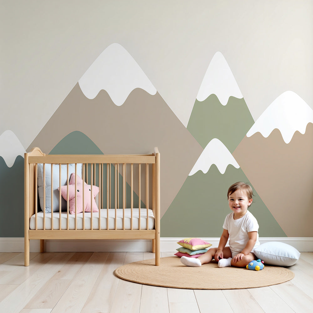 Kids-Mundo geometric mountain wall mural in muted tones for a calm nursery