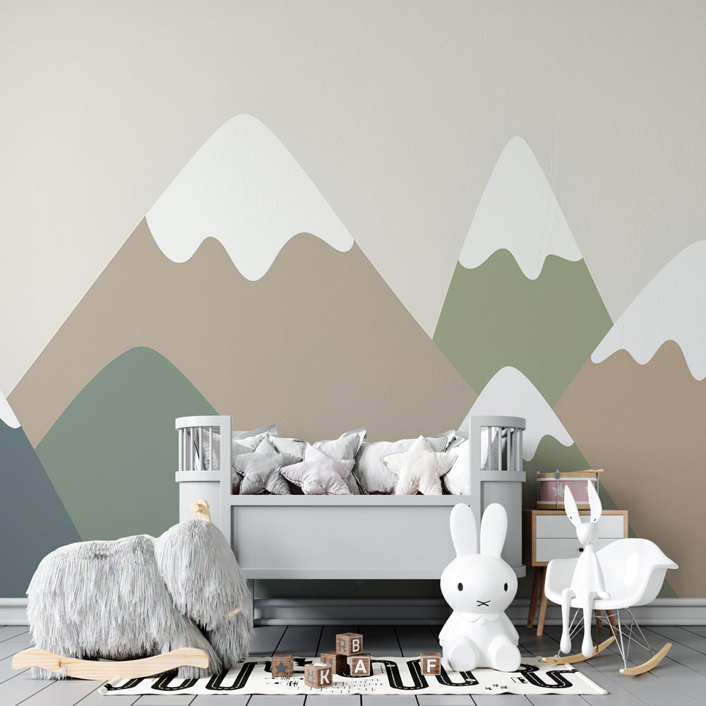 Kids-Mundo muted mountain wall mural adding a calm backdrop to a playroom