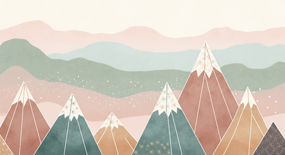 Kids-Mundo flat artwork of geometric pastel mountain peaks in terracotta, teal and mustard tones